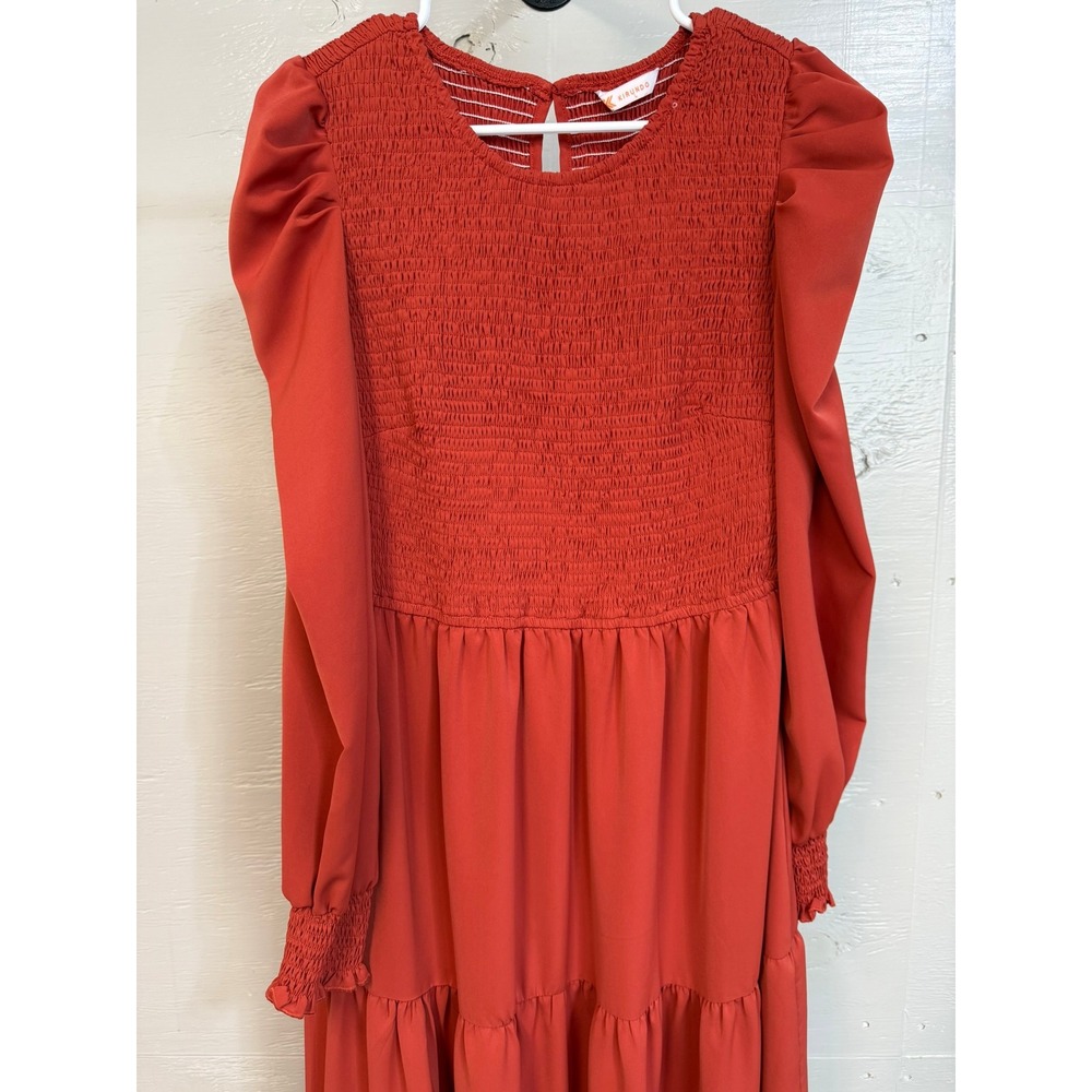 Kirundo Rust Orange Smocked Tiered Midi Dress Puff Sleeve Large